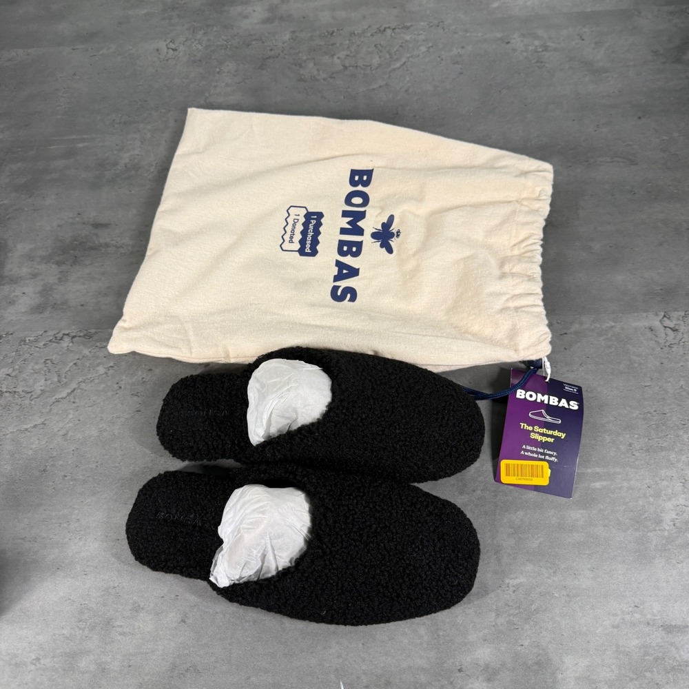 Bombas Saturday Slipper Womens 9 Black Sherpa Memory Foam House Shoes Travel Bag